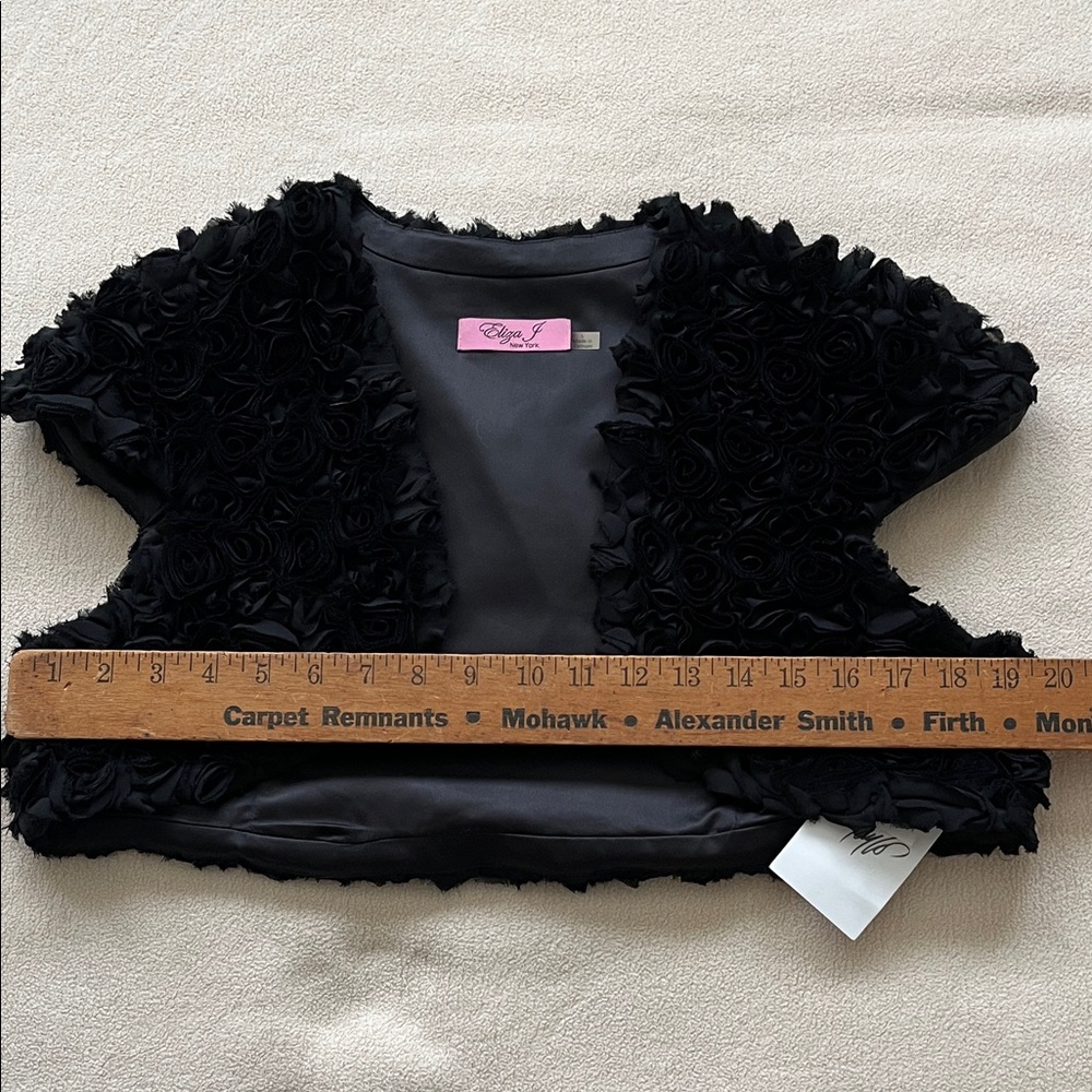 Eliza J Chiffon Rosette Black Satin Bridal Bolero Shrug Jacket Large NWT $139 - Picture 8 of 9